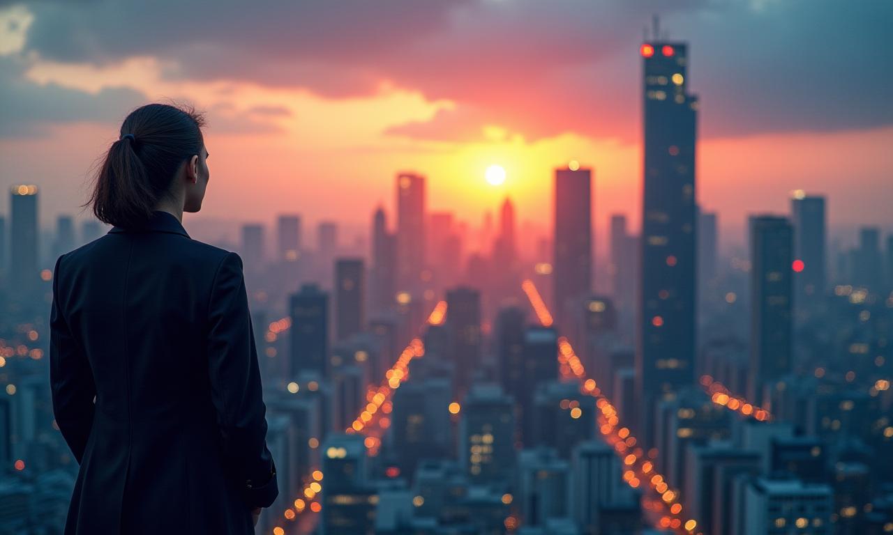 東京の近代的なオフィスビル群を見渡し、未来のキャリアを見据えるプロフェッショナルな人物。